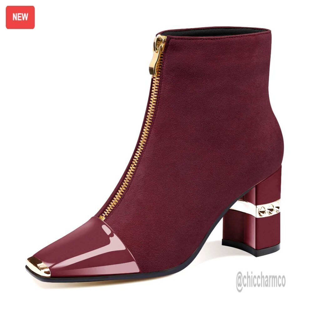 Women's Ankle Boots Block Chunky Heels Suede Front Zipper Dress Booties
